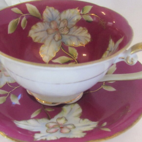 Shofu Occupied Japan Tea Cup and Saucer Hand Painted Blue Floral on Magenat I248 - Picture 3 of 9